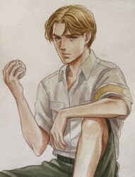 Rule 34 | 1boy, aged down, ball, baseball (object), blonde hair, blue eyes, collared shirt, expressionless, feet out of frame, highres, holding, holding ball, knee up, looking at viewer, male focus, shingeki no kyojin, shirt, short hair, shorts, solo, tafart, thick eyebrows, zeke yeager