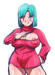 Rule 34 | 1girl, :p, areola slip, bare legs, between breasts, blue eyes, blush, breasts, bulma, cleavage, cleavage cutout, clothing cutout, condom, condom wrapper, cowboy shot, dragon ball, dragonball z, earrings, green hair, hand on own hip, jewelry, large areolae, large breasts, legs, long sleeves, looking at viewer, naughty face, rickert kai, short hair, simple background, smile, solo, standing, sweater, thighs, tongue, tongue out, turtleneck, turtleneck sweater, white background