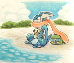 Rule 34 | beach, blue sky, blush, charjabug, closed eyes, cloud, cloudy sky, commentary request, creature, creatures (company), day, full body, game freak, gen 6 pokemon, gen 7 pokemon, greninja, happy, indian style, long tongue, mimikyu, nintendo, no humans, ocean, on lap, open mouth, outdoors, pokemon, pokemon (creature), pokemon on lap, sand, shiwo (siwosi), sitting, sky, smile, tongue, tongue out, traditional media, tree, water
