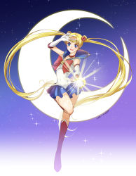 Rule 34 | 10s, 1girl, 2014, :d, bishoujo senshi sailor moon, bishoujo senshi sailor moon (first season), bishoujo senshi sailor moon crystal, blonde hair, blue eyes, blue sailor collar, blue skirt, boots, bow, bowtie, brooch, crescent moon, dated, elbow gloves, enica1, full body, gloves, gradient background, highres, jewelry, knee boots, long hair, moon, moon stick, open mouth, pleated skirt, red bow, red bowtie, red footwear, sailor collar, sailor moon, signature, skirt, smile, solo, standing, standing on one leg, star (sky), tiara, tsukino usagi, twintails, v, very long hair, white gloves