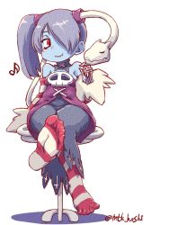 Rule 34 | 1girl, blue hair, blue skin, colored skin, crossed legs, detached collar, dress, foot focus, hair over one eye, highres, leviathan (skullgirls), mtk hoshi, musical note, red eyes, side ponytail, sitting, skeletal arm, skullgirls, smile, solo, squigly (skullgirls), stitched mouth, stitches, striped legwear, white background, zombie