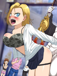 Rule 34 | 1boy, 1girl, android 18, artist request, bleach, blonde hair, blood, blue eyes, blush, bra, breast slip, breasts, clothed sex, clothes lift, crossover, dragon ball, dutch angle, earrings, guro, hetero, highres, injury, jewelry, kurotsuchi mayuri, large breasts, nipples, one breast out, open clothes, open mouth, outdoors, panties, panty pull, public indecency, rape, saliva, screaming, sex, skirt, skirt lift, source request, stab, sword, tears, underwear, violence, weapon