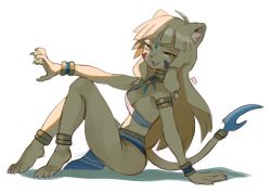 Rule 34 | 1girl, :d, ahoge, animal ears, animal feet, bastet (sui (suizilla)), blunt bangs, breasts, cat ears, cat tail, claw pose, claws, fang, forehead jewel, from side, full body, furry, furry female, highres, long hair, looking at viewer, looking to the side, medium breasts, open mouth, original, sideboob, signature, simple background, sitting, smile, sui (suizilla), tail, white background, wristband, yellow eyes