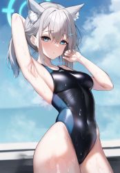 Rule 34 | 1girl, absurdres, animal ear fluff, animal ears, black one-piece swimsuit, blue archive, blue eyes, breasts, competition swimsuit, covered navel, cross, cross hair ornament, earrings, extra ears, female focus, grey hair, hair ornament, halo, highleg, highleg swimsuit, highres, impossible clothes, impossible swimsuit, inverted cross, jewelry, looking at viewer, low ponytail, medium breasts, mismatched pupils, multicolored clothes, multicolored swimsuit, official alternate costume, one-piece swimsuit, outdoors, ponytail, shiny skin, shiroko (blue archive), shiroko (swimsuit) (blue archive), solo, standing, suujiniku, swimsuit, two-tone swimsuit, wet, wet clothes, wet swimsuit