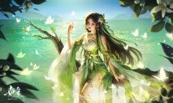 Rule 34 | 1girl, absurdres, baiguio (zhu xian), bracelet, brown hair, bug, butterfly, dress, facial mark, flower, forehead mark, green dress, hair ornament, highres, insect, jewelry, long hair, lotus, mingming er, mountain, necklace, ocean, sash, second-party source, sitting, solo, thighlet, upper body, white flower, zhu xian