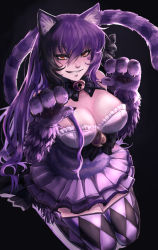 Rule 34 | 1girl, animal ear fluff, animal ears, animal hands, argyle, argyle clothes, argyle legwear, bell, black background, black hair, bow, breasts, cat ears, cat girl, cat paws, cat tail, cheshire cat (monster girl encyclopedia), claws, commentary, english commentary, facial mark, fur, hair between eyes, hair bow, hands up, highres, jingle bell, large breasts, long hair, looking at viewer, monster girl, monster girl encyclopedia, monster girl encyclopedia ii, multicolored hair, orange eyes, paw pose, pleated skirt, purple fur, purple hair, simple background, sitting, skirt, slit pupils, smirk, solo, striped tail, tail, thighhighs, two-tone hair, zakirsiz