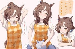 Rule 34 | 2girls, adjusting hair, alternate costume, blush, breasts, brown hair, casual, closed mouth, commentary request, hair between eyes, hair ornament, hair tie, hand puppet, horse girl, looking at viewer, matikane tannhauser (umamusume), medium breasts, mother and daughter, mouth hold, multiple girls, puppet, simple background, smile, translation request, triangle (zztg3775), umamusume, white background