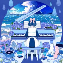 Rule 34 | 1girl, album cover, blue background, blue footwear, blue hair, blue serafuku, blue skirt, blue theme, bob cut, book, book stack, bow, brown cat, cat, closed eyes, cloud, cloudy sky, commentary request, cover, cup, drinking glass, facing ahead, flower, from behind, full body, grand piano, grey cat, grey socks, hair bow, highres, hydrangea, instrument, kico (illmaticblue), leaf, loafers, multiple cats, music, ocean, official art, outdoors, pedal, phonograph, piano, picture frame, pink bow, plant, playing instrument, playing piano, pleated skirt, potted plant, purple flower, record, sailor collar, sand, school uniform, serafuku, sheet music, shoes, short hair, sitting, skirt, sky, socks, solo, soredemo ame wa furunda ne, stool, trash can, tuyu (band), water drop, waves, white cat, white sailor collar, white skirt