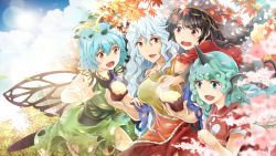 Rule 34 | 4girls, ajirogasa, animal ears, aqua hair, arkatopia, autumn, autumn leaves, black hair, blue hair, blue sky, braid, breasts, brown eyes, butterfly wings, capelet, cloud, collared shirt, commentary request, curly hair, day, dress, eternity larva, food, green dress, green eyes, hat, horns, insect wings, komano aunn, large breasts, lens flare, long hair, multicolored clothes, multicolored dress, multiple girls, outdoors, red eyes, red shirt, sakata nemuno, seasons, shirt, short dress, short hair, short sleeves, single braid, single horn, single strap, sky, small breasts, smile, spring (season), summer, sun, sweet potato, touhou, wing collar, wings, winter, yatadera narumi