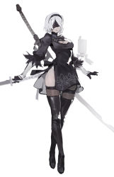 Rule 34 | 1girl, black dress, black gloves, black thighhighs, blindfold, breasts, cleavage, dress, full body, gloves, hairband, holding, holding sword, holding weapon, kishiyo, mole, mole under mouth, nier (series), nier:automata, panties, pod (nier:automata), silver hair, simple background, solo, sword, thighhighs, underwear, weapon, white background, white panties, 2b (nier:automata)