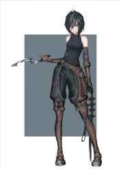 Rule 34 | 1girl, absurdres, bad id, bad pixiv id, belt, unworn belt, black hair, blue eyes, boots, breasts, brown gloves, chaps, commentary request, dagger, eyes visible through hair, fantasy, frown, full body, gloves, hair over one eye, highres, holding, holding weapon, ikasamahideo, khopesh, knife, looking at viewer, original, short hair, small breasts, solo, standing, steel-toe boots, thigh boots, thighhighs, tsurime, two-tone background, weapon