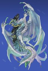 Rule 34 | animal focus, aokarasu punko, blue background, claws, colored sclera, commission, crystal, dragon, from side, full body, green horns, green sclera, highres, horns, no humans, original, scales, signature, simple background, skeb commission, tail, western dragon, wings
