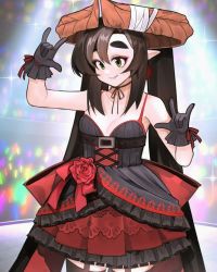 Rule 34 | 1girl, babymetal, bandaged horn, black gloves, black hair, black thighhighs, breasts, choker, cleavage, commentary, corset, dragon girl, dragon horns, english commentary, eyeshadow, frilled skirt, frills, garter straps, gloves, gothic lolita, green eyes, highres, horns, kumaartsu, lolita fashion, long hair, m/, makeup, mythic live, nako ryu, original, pointy ears, red eyeshadow, ribbon choker, skirt, small breasts, solo, spaghetti strap, stage, standing, thick eyebrows, thighhighs, twintails, very long hair, virtual youtuber