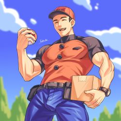 Rule 34 | 1boy, bara, belt, belt bag, biceps, blurry, blurry background, bulge, closed eyes, cloud, cloudy sky, courier (pokemon), creatures (company), denim, feet out of frame, game freak, highres, jeans, male focus, manly, mature male, muscular, muscular male, nintendo, open mouth, package, pants, poke ball, pokemon, pokemon sv, shirt, signature, sky, smile, solo, teeth, thick arms, thick eyebrows, tight clothes, tongue, tree, veins, veiny arms, watch, yaekaidou
