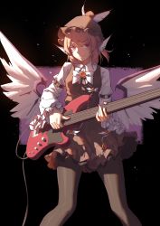 Rule 34 | 1girl, absurdres, animal ears, bird ears, bird wings, black background, black pantyhose, brown dress, brown headwear, closed mouth, dress, electric guitar, guitar, highres, holding, holding instrument, instrument, juliet sleeves, long sleeves, looking at viewer, music, mystia lorelei, nail polish, pantyhose, pink eyes, pink hair, pink nails, playing instrument, puffy sleeves, short hair, solo, standing, stank, thighhighs, touhou, white wings, winged hat, wings
