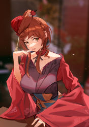 Rule 34 | 1girl, absurdres, blurry, blurry background, brown hair, collarbone, commentary, detached collar, finger to mouth, hair ornament, hair stick, hand up, highres, japanese clothes, kimono, light particles, lips, long hair, obi, purple kimono, red eyes, red kimono, red lips, sash, shenqi de (9), solo, upper body, yuugiri (zombie land saga), zombie land saga