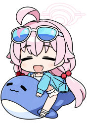Rule 34 | 1girl, :d, ahoge, bell (oppore coppore), bikini, blue-tinted eyewear, blue archive, blue jacket, blush, chibi, closed eyes, commentary request, eyewear on head, facing viewer, fang, frilled bikini, frills, full body, hair bobbles, hair ornament, halo, hoshino (blue archive), hoshino (swimsuit) (blue archive), inflatable toy, inflatable whale, jacket, long hair, long sleeves, low twintails, open clothes, open jacket, open mouth, pink hair, puffy long sleeves, puffy sleeves, sandals, simple background, sleeves past wrists, smile, solo, sunglasses, swimsuit, tinted eyewear, transparent, twintails, very long hair, white-framed eyewear, white background, white bikini, white footwear