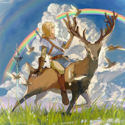 Rule 34 | 1boy, akihare, animal, bird, boots, brown footwear, brown gloves, brown pants, cloud, day, deer, earrings, fingerless gloves, gloves, grass, highres, jewelry, knee boots, link, long hair, long sleeves, looking to the side, nintendo, pants, pointy ears, ponytail, rainbow, riding, short sleeves, sitting, solo, the legend of zelda, the legend of zelda: breath of the wild, tower, translation request