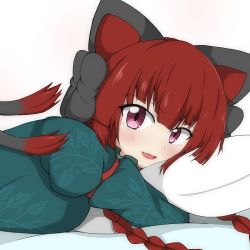 Rule 34 | 1girl, animal ears, braid, cat day, cat tail, commentary request, fang, kaenbyou rin, long hair, looking at viewer, lying, multiple tails, on stomach, open mouth, pillow, red eyes, red hair, seo haruto, solo, tail, touhou, twin braids