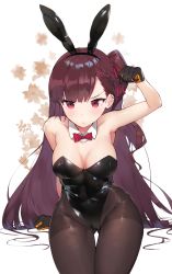 Rule 34 | 1girl, animal ears, bare shoulders, black leotard, black pantyhose, blush, bow, bowtie, braid, breasts, cleavage, closed mouth, covered erect nipples, detached collar, fake animal ears, french braid, girls&#039; frontline, gloves, hair ribbon, hand up, highleg, highleg leotard, highres, jehyun, leotard, long hair, looking at viewer, medium breasts, one side up, pantyhose, playboy bunny, purple hair, rabbit ears, red eyes, red ribbon, ribbon, side braid, sidelocks, sitting, solo, very long hair, wa2000 (girls&#039; frontline), wrist cuffs