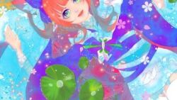Rule 34 | 1girl, aqua background, cherry blossoms, japanese clothes, kimono, liliana (lilianakokomi), looking at viewer, multicolored eyes, non-web source, orange hair, pink kimono, solo