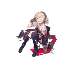 Rule 34 | 1girl, bag, bird, blonde hair, blush, boots, closed eyes, eagle, full body, girls&#039; frontline, gloves, headphones, huanxiang heitu, official art, open mouth, scw (girls&#039; frontline), sitting, solo, thighhighs, torn clothes, torn thighhighs, transparent background