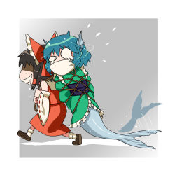 Rule 34 | 2girls, bad id, bad pixiv id, bdsm, blue hair, bobomaster, bondage, bound, bow, brown hair, crazy smile, detached sleeves, dragging, drooling, fins, flying sweatdrops, gagged, hair bow, hair tubes, hakurei reimu, head fins, japanese clothes, kimono, long sleeves, mermaid, monster girl, multiple girls, obi, sash, scared, shaded face, shibari, shirt, skirt, skirt set, smile, sweat, tail, tail wagging, tears, touhou, wakasagihime, wide sleeves, you gonna get eaten, you gonna get raped