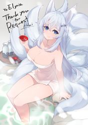 Rule 34 | 1girl, absurdres, animal ears, bare arms, bare legs, bare shoulders, blue eyes, breasts, check copyright, cleavage, commission, copyright request, cup, fox ears, fox tail, grey background, hair between eyes, hair ornament, hairclip, hand up, highres, holding, holding cup, large breasts, long hair, looking at viewer, mole, mole on breast, multiple tails, naked towel, no nose, original, sakazuki, second-party source, sitting, skeb commission, smile, soaking feet, solo, tail, thighs, tokkuri, towel, very long hair, white hair, yau5531