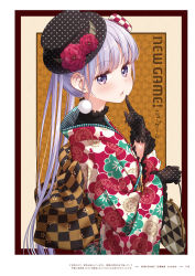 Rule 34 | 1girl, black gloves, black hat, copyright name, earrings, floral print, flower, from side, gloves, hat, hat flower, highres, japanese clothes, jewelry, kimono, long hair, looking at viewer, new game!, official art, open mouth, page number, polka dot gloves, polka dot headwear, print kimono, purple eyes, red flower, silver hair, solo, suzukaze aoba, tokunou shoutarou, twintails, upper body, very long hair, yukata