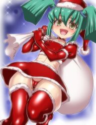 Rule 34 | 1girl, bag, blush, breasts, cameltoe, christmas, cleft of venus, dress, covered erect nipples, gloves, hajime shindo, hat, luca (yu-gi-oh!), nipples visible through clothes, pig tail, santa bag, santa costume, santa dress, santa gloves, santa hat, skirt, small breasts, smile, tail, thick thighs, thighs, thong, wide hips, yu-gi-oh!, yu-gi-oh! 5d&#039;s