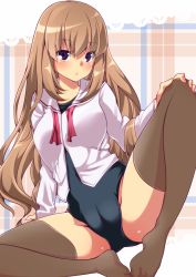 Rule 34 | 1girl, amasora taichi, brown hair, brown thighhighs, cameltoe, cleft of venus, feet, feet together, knees apart feet together, long hair, necktie, no pants, no shoes, one-piece swimsuit, original, purple eyes, school swimsuit, school uniform, serafuku, sitting, solo, spread legs, swimsuit, swimsuit under clothes, thighhighs, undone necktie