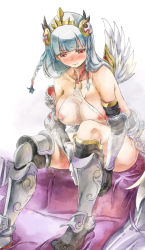 Rule 34 | 1girl, armor, bad id, bad pixiv id, blush, bracer, braid, breasts, elbow gloves, female focus, gloves, greaves, hair ornament, large breasts, light valkyrie (p&amp;d), long hair, nipples, puzzle &amp; dragons, red eyes, see-through, silver hair, solo, sweat, valkyrie (p&amp;d), wings, yohane