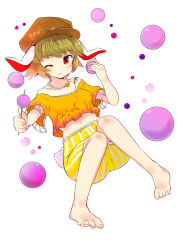 Rule 34 | 1girl, animal ears, bare legs, bare shoulders, barefoot, blonde hair, brown hat, closed mouth, dango, eating, food, full body, hat, holding, jewelry, looking at viewer, midriff, necklace, one eye closed, orange shirt, pearl necklace, puuakachan, rabbit ears, red eyes, ringo (touhou), shirt, short sleeves, shorts, smile, solo, touhou, wagashi, yellow shorts