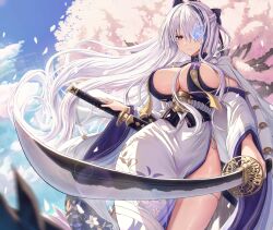 Rule 34 | 1girl, azur lane, breast curtains, breasts, buran (22x), cherry blossoms, cleavage, closed mouth, cowboy shot, dress, foreshortening, from below, grey hair, hair over one eye, highres, katana, large breasts, long hair, looking at viewer, multiple swords, outdoors, petals, pink eyes, side slit, sideboob, sky, solo, sword, unzen (azur lane), very long hair, weapon, wide hips, wide sleeves