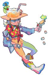 Rule 34 | 1boy, alternate costume, belt, blonde hair, boots, bulzizzang, collared shirt, cowboy hat, drinking straw, emperor (stand), flower, food, full body, gun, hat, highres, hol horse, holding, holding gun, holding weapon, ice, ice cube, jacket, jojo no kimyou na bouken, lime (fruit), lime print, lime slice, long hair, long sleeves, male focus, marshmallow, mouth hold, object on head, pants, print shirt, purple eyes, red shirt, shirt, simple background, solo, standing, stardust crusaders, tied shirt, weapon, white background, white footwear, yellow pants