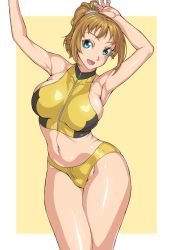 Rule 34 | 1girl, armpits, arms up, bikini, blue eyes, breasts, brown hair, cameltoe, commentary request, contrapposto, cowboy shot, gundam, gundam build fighters, gundam build fighters try, highres, hoshino fumina, large breasts, legs together, long hair, looking at viewer, navel, open mouth, ozaneko, ponytail, scrunchie, shiny clothes, shiny skin, sideboob, simple background, solo, standing, swimsuit, white background, yellow bikini