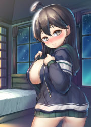 Rule 34 | 1girl, ahoge, alternate costume, bed, bedroom, blush, bottomless, breasts, brown eyes, brown hair, cleavage, closed mouth, hair between eyes, hood, hoodie, jacket, kantai collection, large breasts, long hair, long sleeves, looking at viewer, looking back, night, night sky, no bra, open clothes, pussy, sakimori dan, sky, smile, solo, ushio (kancolle), window