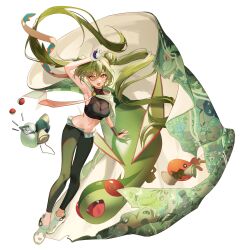 Rule 34 | 1girl, arm up, armpits, breasts, brown eyes, cape, character print, commentary request, creatures (company), double bun, floating hair, flygon, game freak, gen 3 pokemon, green hair, green pants, green pupils, ground miku (project voltage), hair between eyes, hair bun, hatsune miku, highres, iruri (illi 77), long hair, looking at viewer, medium breasts, midriff, navel, nintendo, pants, poke ball, poke ball (basic), pokemon, pokemon (creature), project voltage, scroll, shoes, solo, tongue, tongue out, trapinch, twintails, vocaloid, white footwear
