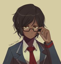 Rule 34 | 1girl, adjusting eyewear, arkiwi, black jacket, brown background, brown eyes, brown hair, closed mouth, collared shirt, commentary, dark-skinned female, dark skin, english commentary, formal, highres, jacket, light-skinned palms, limbus company, long sleeves, looking at viewer, necktie, outis (project moon), project moon, red necktie, semi-rimless eyewear, shirt, short hair, simple background, solo, upper body, white shirt