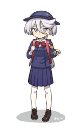 Rule 34 | 1girl, aged down, backpack, bag, black footwear, blazer, blue hat, blue jacket, blue skirt, chainsaw man, closed mouth, collared shirt, commentary request, crime prevention buzzer, grey eyes, grey hair, gundam, gundam suisei no majo, hair between eyes, hat, heebee, jacket, long hair, long sleeves, looking at viewer, miorine rembran, pantyhose, pochita (chainsaw man), randoseru, shadow, shirt, shoes, simple background, skirt, solo, standing, twitter username, white background, white pantyhose, white shirt