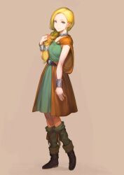Rule 34 | 1girl, belt, bianca (dq5), black belt, blonde hair, blue eyes, boots, bracelet, braid, breasts, brown footwear, cape, closed mouth, commentary request, dragon quest, dragon quest v, dress, earrings, full body, green dress, green socks, hair behind ear, hair over shoulder, hand up, highres, jewelry, jun (navigavi), long hair, looking at viewer, neck ring, orange cape, ring, simple background, single braid, sleeveless, sleeveless dress, small breasts, smile, socks, solo, standing, swept bangs
