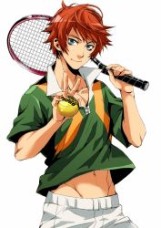 Rule 34 | 1boy, ball, blue eyes, male focus, navel, orange hair, racket, sengoku kiyosumi, short hair, smile, solo, tennis ball, tennis no ouji-sama, tennis racket, v, yamada 3