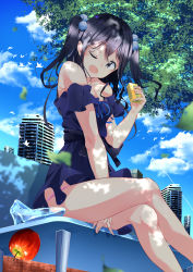 Rule 34 | 1girl, ;d, absurdres, apple, bare shoulders, between legs, black hair, blue dress, blue eyes, blue ribbon, blue sky, building, cloud, commentary request, day, dress, feet out of frame, food, fruit, glass slipper, hair ornament, hand between legs, hand up, highres, holding, off-shoulder dress, off shoulder, one eye closed, open mouth, original, outdoors, pom pom (clothes), ribbon, scenery, short sleeves, sitting, sky, smile, solo, twintails, underwear, yro (user hwfa3732)
