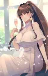 Rule 34 | 1girl, anniversary, bare shoulders, blurry, blurry background, bracelet, breasts, brown hair, cleavage, commentary request, cup, dress, drop earrings, earrings, falling petals, highres, holding, holding cup, jewelry, kantai collection, kasumi (skchkko), large breasts, long dress, long hair, looking at viewer, official alternate costume, parted lips, petals, ponytail, see-through, see-through cleavage, sitting, smile, white dress, window, yamato (kancolle)