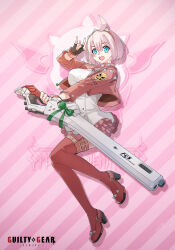 Rule 34 | 1girl, absurdres, ahoge, blue eyes, bracelet, breasts, clover, collar, dress, elphelt valentine, four-leaf clover, frilled dress, frills, full body, guilty gear, guilty gear strive, gun, hairband, highres, holding, holding gun, holding weapon, huge ahoge, jacket, jewelry, large breasts, long sleeves, looking at viewer, open mouth, pink background, pink dress, pink footwear, pink jacket, pink theme, shimotsukiriya, short hair, smile, spiked bracelet, spiked collar, spiked hairband, spikes, two-tone dress, weapon, white dress, white hair