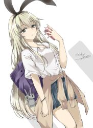 Rule 34 | 1girl, alternate costume, artist name, bag, black hairband, blonde hair, breasts, brown jacket, cellphone, clothes around waist, collared shirt, dated, dress shirt, gakky, grey eyes, grey skirt, hairband, jacket, jacket around waist, kantai collection, long hair, one-hour drawing challenge, phone, plaid, plaid skirt, rensouhou-chan, school bag, shimakaze (kancolle), shirt, skirt, small breasts, solo, standing, white shirt
