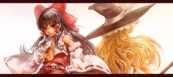 Rule 34 | 2girls, ascot, back-to-back, bare shoulders, belt, blonde hair, bow, broom, brown eyes, brown hair, female focus, from behind, hair bow, hakurei reimu, hat, kirisame marisa, letterboxed, lips, long hair, long image, looking at viewer, multiple girls, sachito, touhou, upper body, wide image, wide sleeves, witch, witch hat