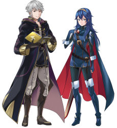 Rule 34 | 1boy, ameno (a meno0), armor, armored boots, belt, blue eyes, blue footwear, blue gloves, blue hair, blue sweater, book, boots, brown belt, brown eyes, cape, closed mouth, coat, falchion (fire emblem), fingerless gloves, fire emblem, fire emblem awakening, full body, gloves, grey hair, hand on own chest, lips, long hair, long sleeves, looking at viewer, lucina (fire emblem), nintendo, pink lips, red cape, ribbed sweater, robin (fire emblem), robin (male) (fire emblem), short hair, shoulder armor, simple background, smile, sweater, sword, tiara, turtleneck, turtleneck sweater, two-tone cape, weapon, white background