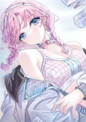 Rule 34 | 1girl, arknights, bare shoulders, blue eyes, blue poison (arknights), blue poison (shoal beat) (arknights), braid, breasts, choker, cleavage, commentary, crop top, earrings, english commentary, hairband, highres, jacket, jewelry, long hair, long sleeves, lying, midriff, off shoulder, on back, open clothes, open jacket, pink choker, pink hair, small breasts, solo, spaghetti strap, sports bra, twin braids, upper body, venn (vebonbon)