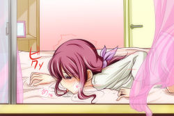 Rule 34 | ^^^, 10s, 1girl, blush, bottomless, curtains, hairband, hoshizora ikuyo, implied sex, lying, nishi koutarou, on side, out-of-frame censoring, ponytail, precure, purple eyes, purple hair, smile precure!, solo, tongue, tongue out, top-down bottom-up